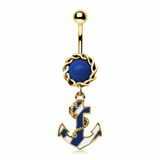 Piercing nombril dor  ancre de marine blanche et bleue