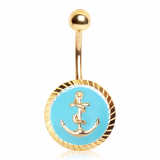 Piercing nombril dor  ancre marine sur fond bleu