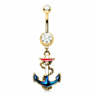 Piercing nombril dor avec ancre de marine bleu blanc rouge