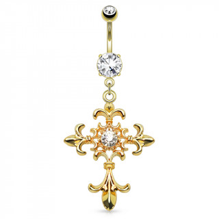 Piercing nombril dor avec croix sertie  fleurs de Lys