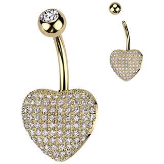Piercing nombril doré coeur bombé pavé de zirconiums