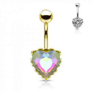 Piercing nombril dor  coeur cristal et filigrane arrire - Clair