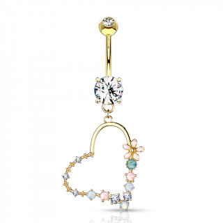 Piercing nombril dor  coeur de fleurs multicolores