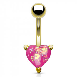 Piercing nombril doré à coeur d'opale rose