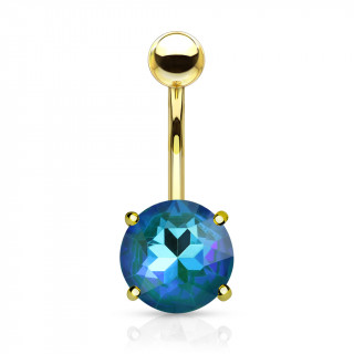 Piercing nombril doré à cristal rond facetté - Bleu Aqua