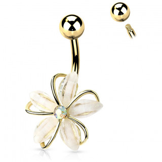 Piercing nombril Dor  fleur blanche sertie