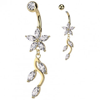 Piercing nombril dor  fleur de zirconiums et feuilles en pendentif