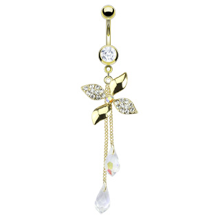 Piercing nombril dor fleur ondule avec pendentifs de cristal