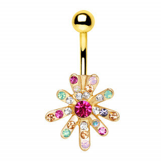 Piercing nombril dor fleur strass arc en ciel