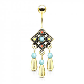 Piercing nombril dor fleur tribale  perles et pendants