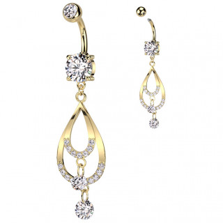 Piercing nombril doré quadruple pendentif gouttes et zirconiums