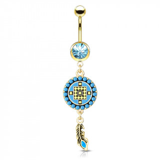 Piercing nombril dor style Aztques bleu et jaune  plume