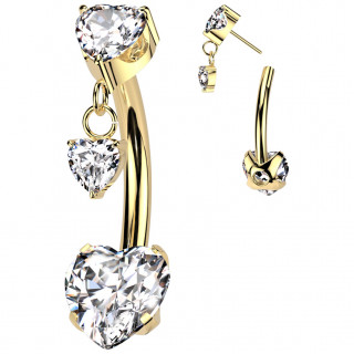 Piercing nombril doré Titane à zirconiums en coeurs à pendentif (push-in)