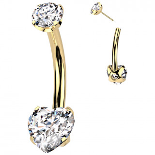 Piercing nombril dor Titane  zirconiums en rond et en coeur (push-in)