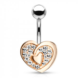 Piercing nombril double coeur cuivr pav de strass