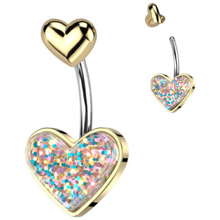 Piercing nombril double-coeur dor  paillettes