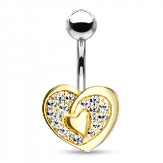 Piercing nombril double coeur dor pav de strass