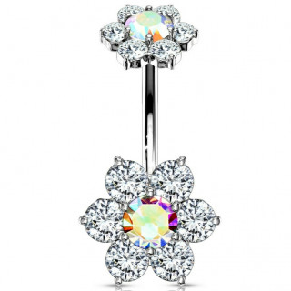 Piercing nombril double fleur zirconium - Clair et aurore borale