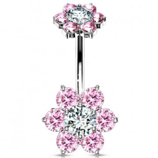 Piercing nombril double fleur zirconium - Rose et clair