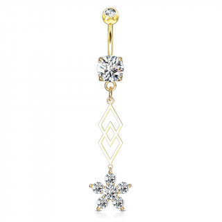 Piercing nombril double pendentif losanges et fleur - Plaqu or