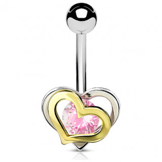 Piercing nombril duo de coeurs bicolore  strass rose