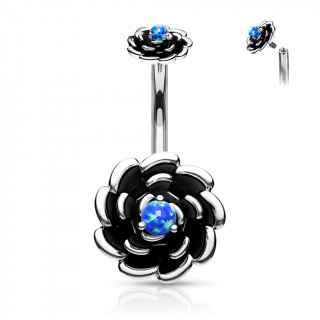 Piercing nombril duo de fleurs  opales bleues (filetage interne)