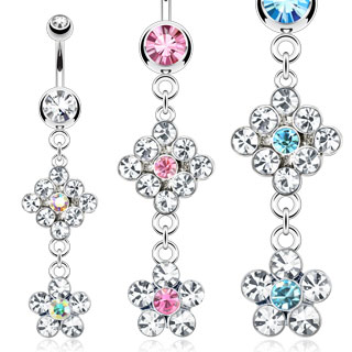 Piercing nombril duo de fleurs paves de pierres