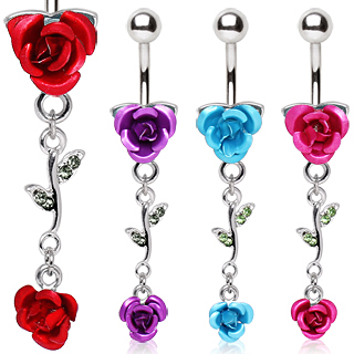 Piercing nombril duo de roses et feuilles de strass verts