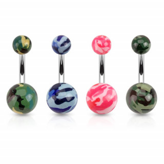 Piercing nombril en acier avec boules acrylique camouflage