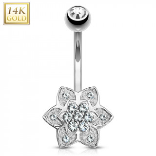 Piercing nombril en or blanc 14k  fleur Nnuphar sertie