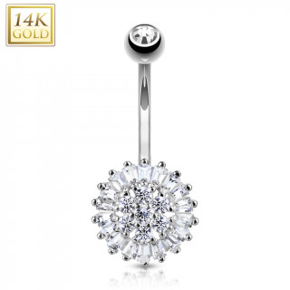 Piercing nombril en or blanc 14k  fleur solaire sertie de zirconiums