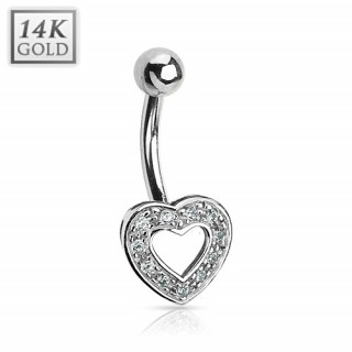 Piercing nombril en or blanc 14 carats avec coeur ajour pav de zirconium