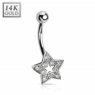 Piercing nombril en or blanc 14 carats avec toile ajoure pave de zirconium