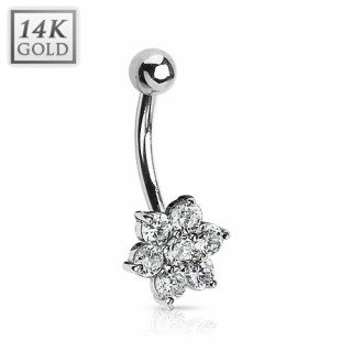 Piercing nombril en or blanc 14 carats avec fleur zirconium