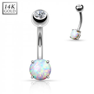 Piercing nombril en or blanc 14 carats avec petite Opale synthtique