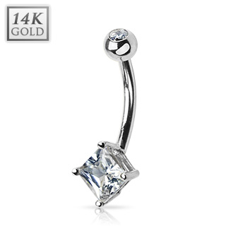 Piercing nombril en or blanc 14 carats  boule sertie et losange zirconium