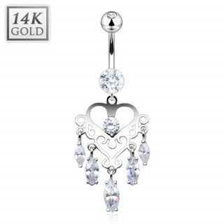 Piercing nombril en or blanc 14 carats  chandelier de coeur