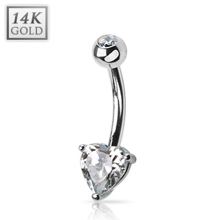 Piercing nombril en or blanc 14 carats  coeur et boule sertie