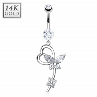 Piercing nombril en or blanc 14 carats  coeur, papillon et fleur