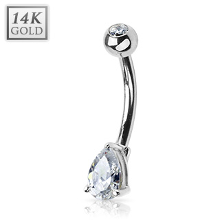 Piercing nombril en or blanc 14 carats  goutte et boule sertie