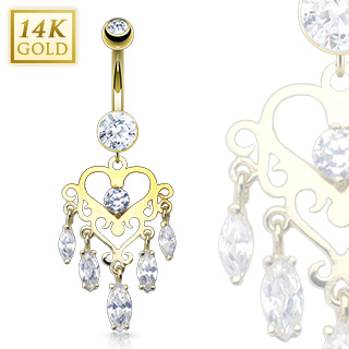 Piercing nombril en or 14 carats  chandelier de coeur