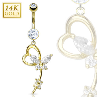 Piercing nombril en or 14 carats  coeur, papillon et fleur