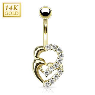 Piercing nombril en or 14 carats à coeurs croisés avec zirconiums