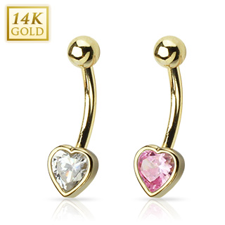 Piercing nombril en or 14 carats avec coeur serti