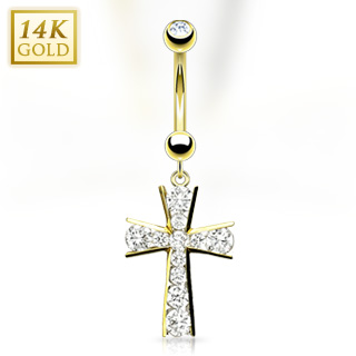 Piercing nombril en or 14 carats avec croix pave de gemmes