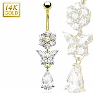 Piercing nombril en or 14 carats avec fleur, papillon et goutte