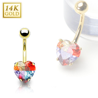 Piercing nombril en or 14 carats avec gemme en coeur multicolore