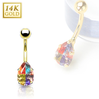 Piercing nombril en or 14 carats avec gemme en goutte multicolore