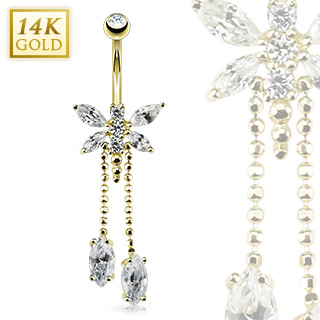 Piercing nombril en or 14 carats avec libllule et pendentifs