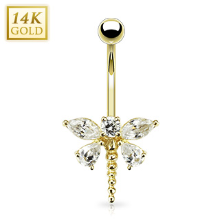 Piercing nombril en or 14 carats avec libellule zirconium